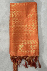 Orange Ponnadai Poly Silk Jacquard Temple Shawl with Zari Design & Tassels for Pooja, Weddings, Functions
