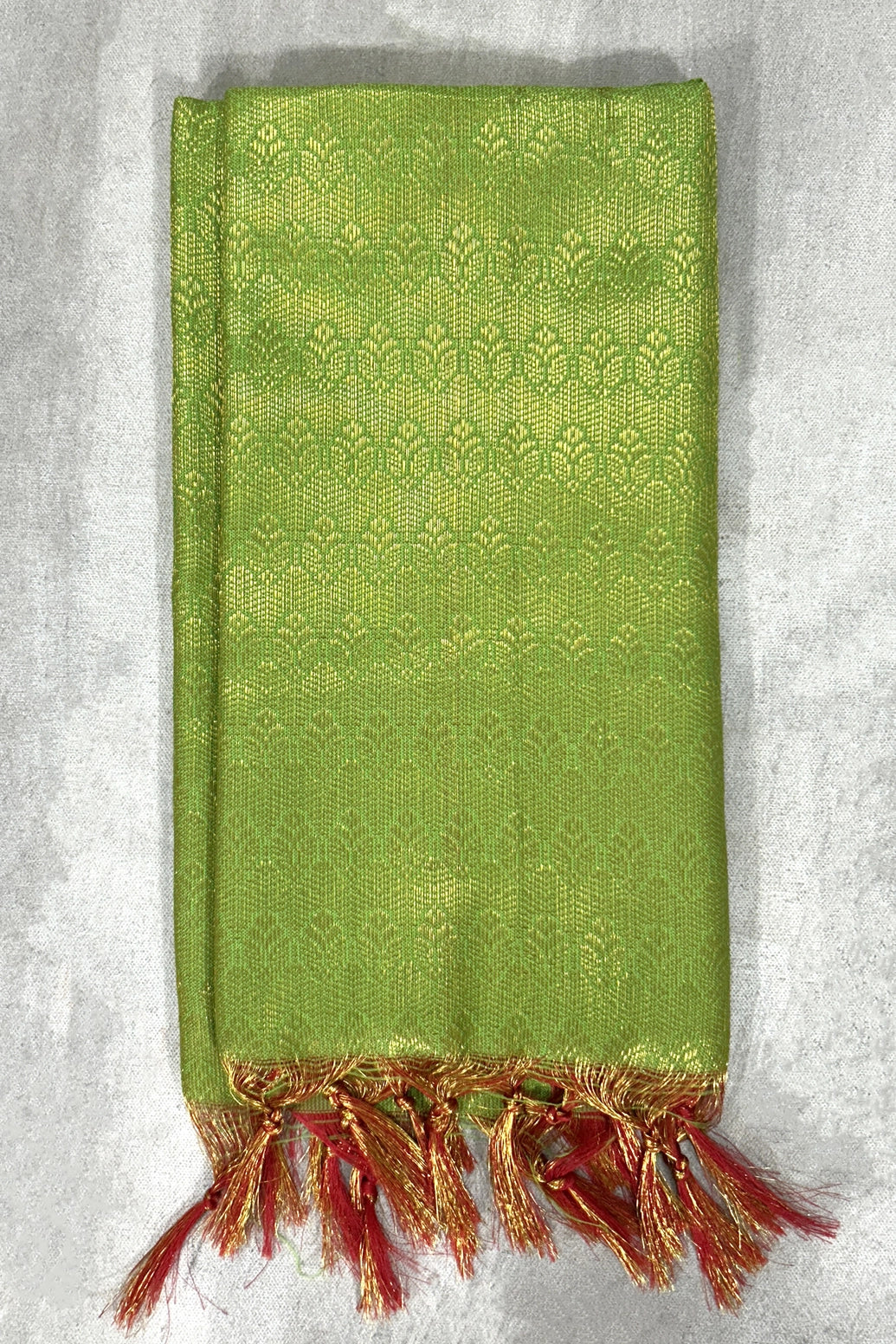 Parrot Green Ponnadai Poly Silk Jacquard Temple Shawl with Zari Pattern & Tassels for Functions, 2 Meter