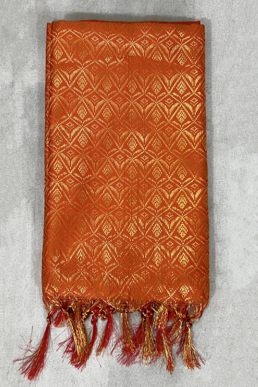 Orange Ponnadai Poly Silk Jacquard Temple Shawl with Zari Pattern and Tassels | 2 Meter Traditional South Indian Dupatta
