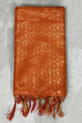 Orange Ponnadai Poly Silk Jacquard Temple Shawl with Zari Pattern and Tassels | 2 Meter Traditional South Indian Dupatta