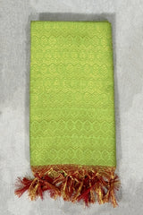 Parrot Green Ponnadai Poly Silk Jacquard Temple Shawl with Zari Pattern and Tassels | Traditional Function Dupatta