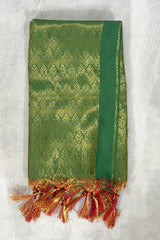 Green Ponnadai Poly Silk Jacquard Temple Shawl with Tassels | 2 Meter Traditional South Indian Dupatta