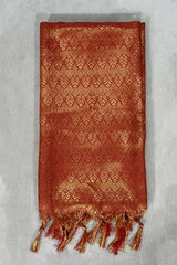 Red Ponnadai Poly Silk Jacquard Temple Shawl with Zari Pattern and Tassels | Traditional South Indian Dupatta for Pooja