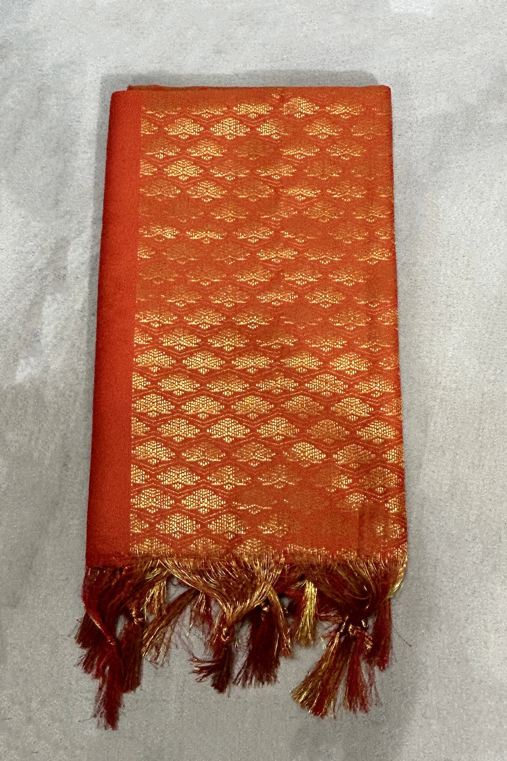 Orange Ponnadai Poly Silk Jacquard Temple Shawl with Zari Pattern & Tassels | 2 Meter Traditional South Indian Dupatta