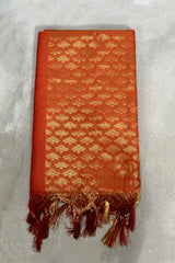 Orange Ponnadai Poly Silk Jacquard Temple Shawl with Zari Pattern & Tassels | 2 Meter Traditional South Indian Dupatta