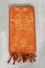 Orange Ponnadai Poly Silk Jacquard Shawl with Tassels for Temple, Pooja, Weddings & Functions (2 Meter)