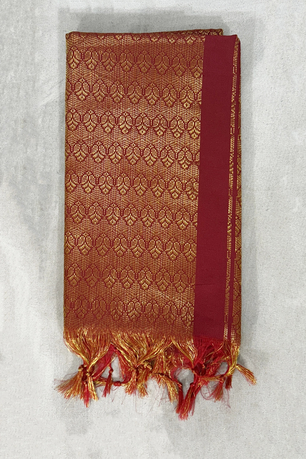 Maroon Ponnadai Poly Silk Jacquard Shawl with Zari Pattern and Tassels for Temple and Functions