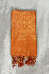 Orange Ponnadai Poly Silk Jacquard Temple & Wedding Shawl with Zari Pattern and Tassels for Traditional Functions