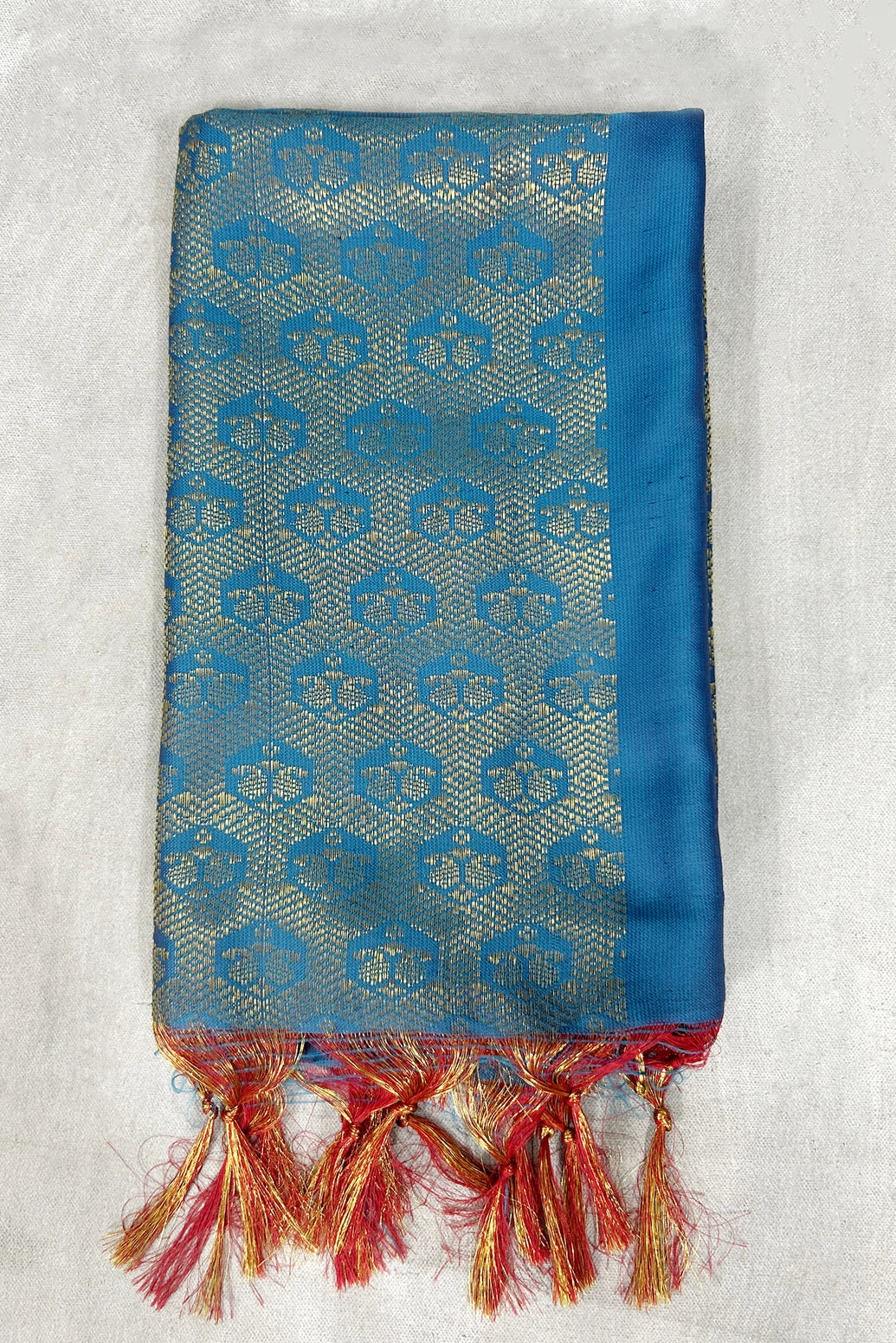 Blue Ponnadai Poly Silk Jacquard Temple Shawl with Zari Pattern & Tassels | South Indian Function Dupatta