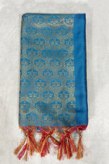 Blue Ponnadai Poly Silk Jacquard Temple Shawl with Zari Pattern & Tassels | South Indian Function Dupatta