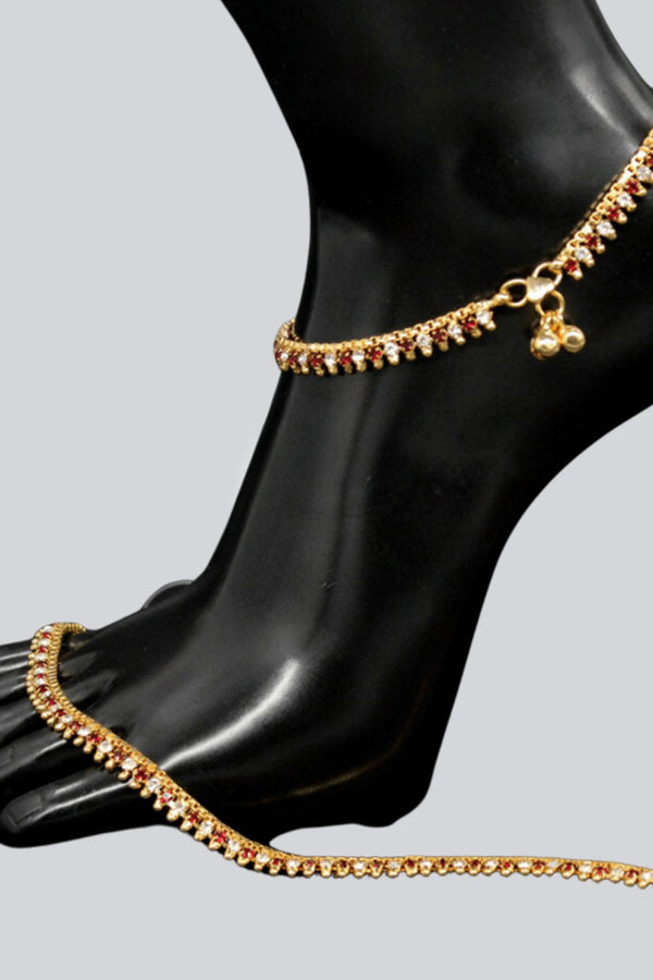 Gold-Plated Anklet with Red and White Stones - Elegant Glamour