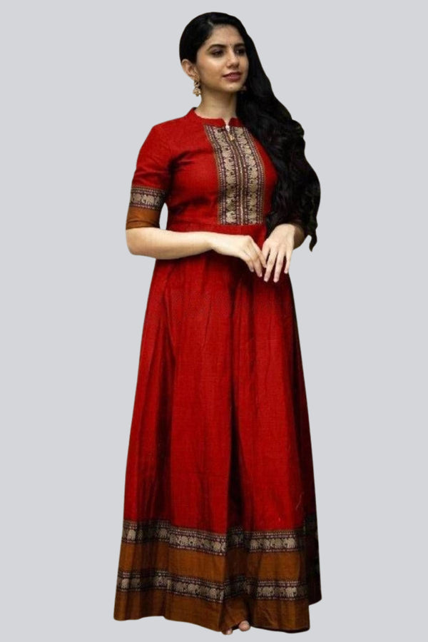 Long pleated flare Cotton Indian Traditional Gown with elephant border