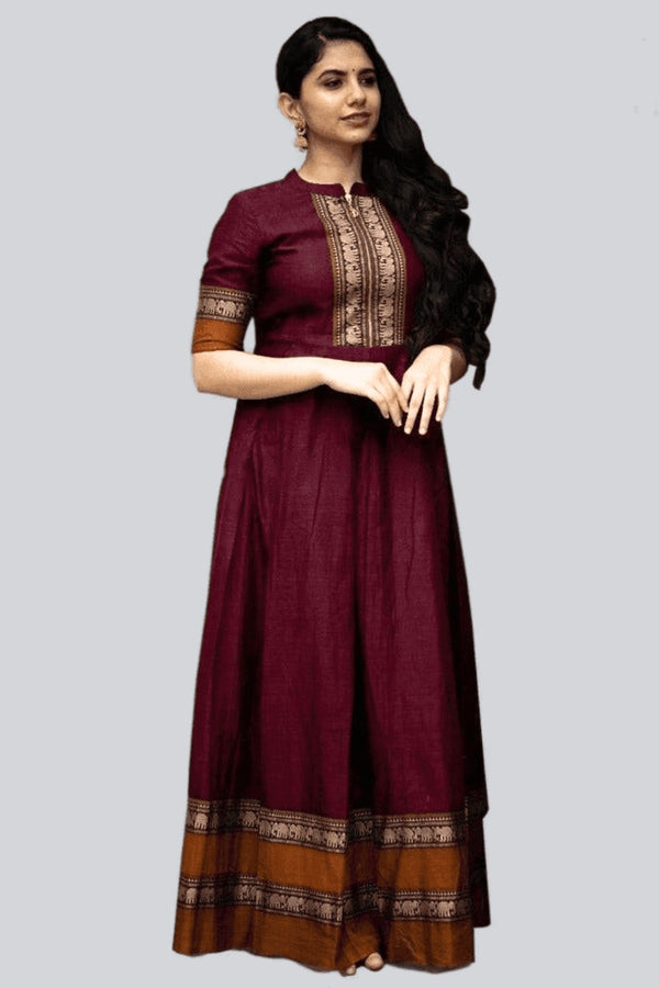 Indo Western Pleated Burgundy Cotton Gown with Elephant Border