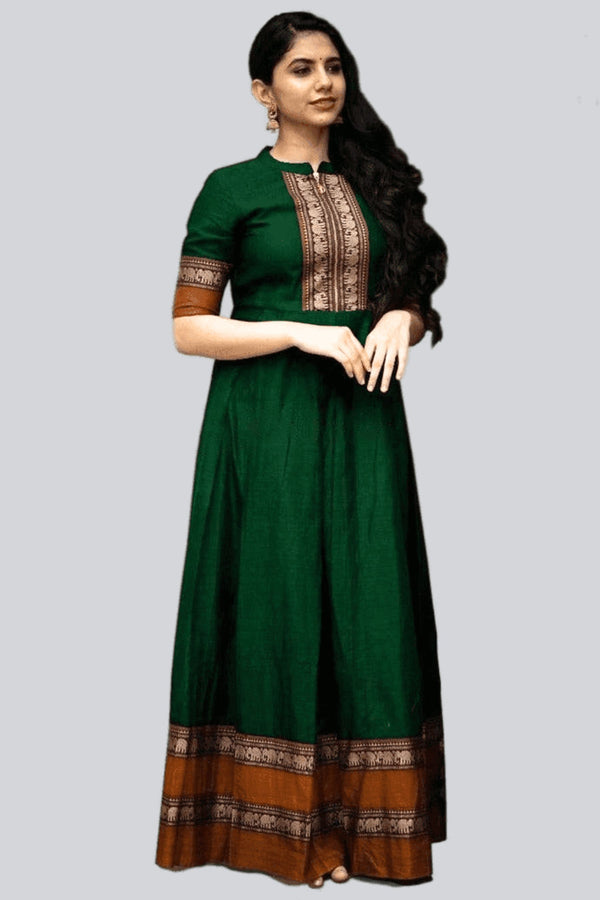 Modern Twist Green Cotton Gown with Elephant Border