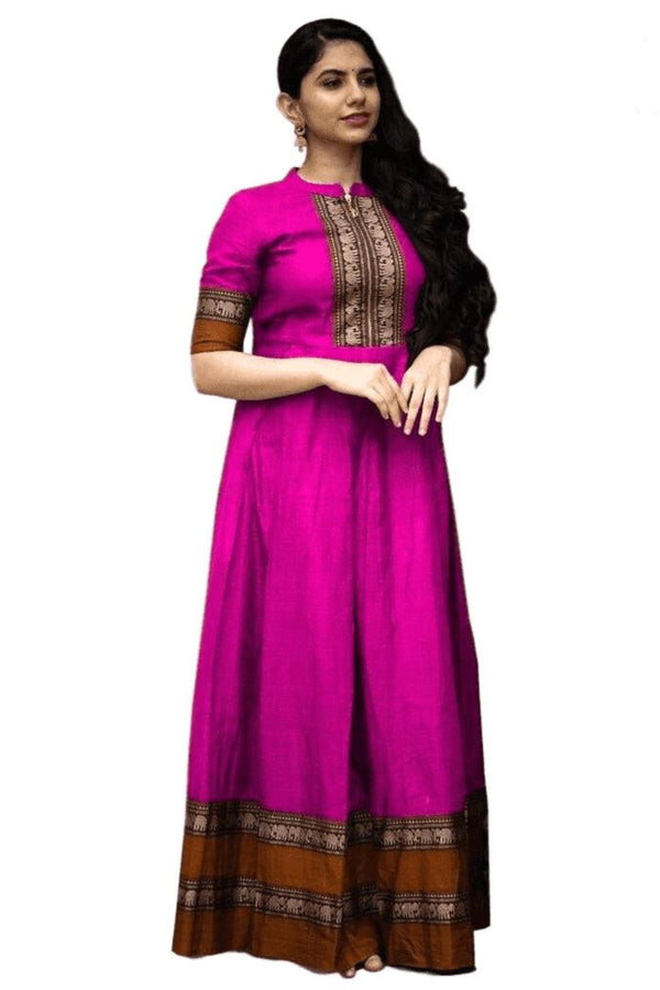 Long Pleated Flare Indian Cotton Gown in Pink with Elephant Border