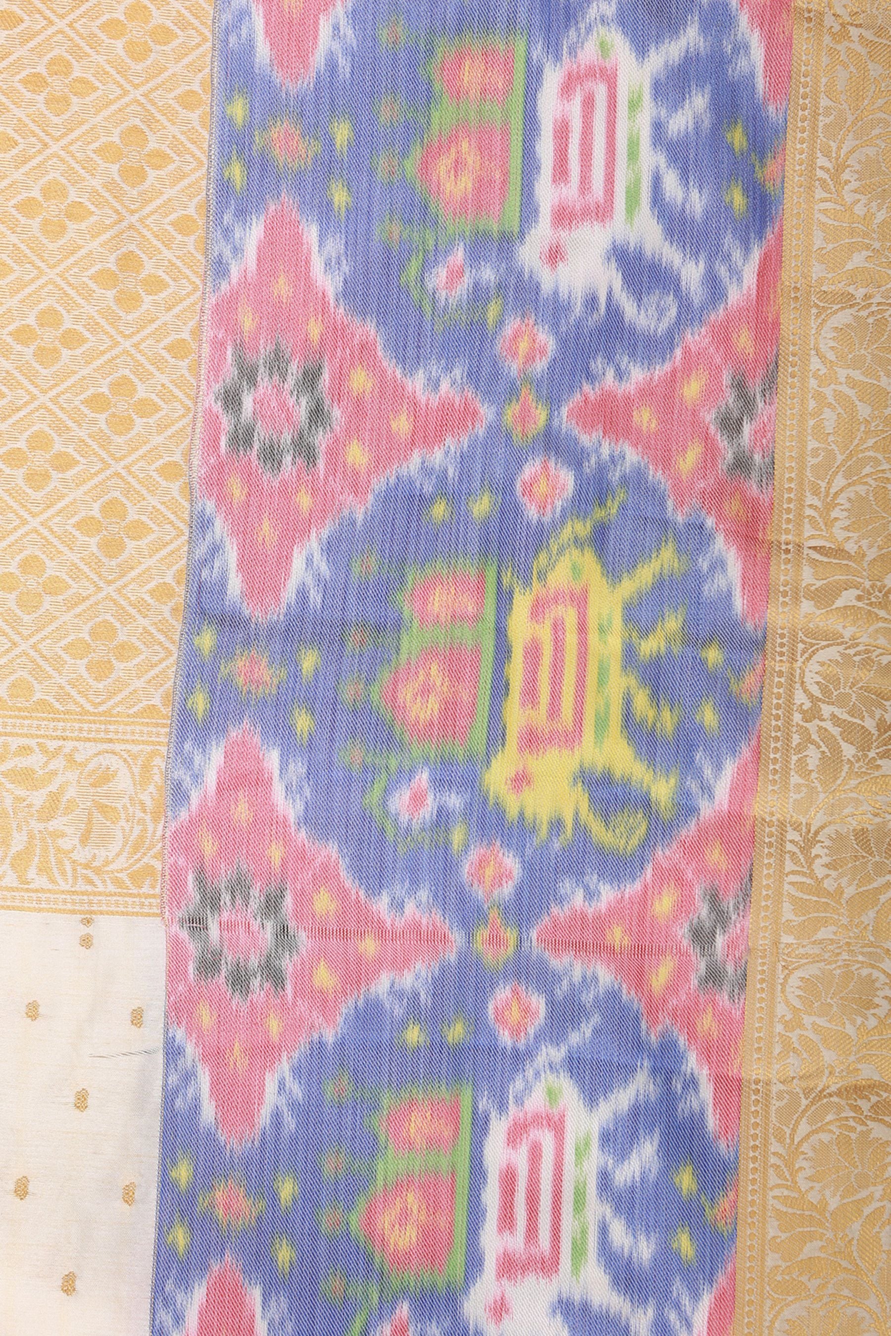 Golden Zari And Pochampally Ikkat Border Semi Silk Saree With Blouse SAREE JCS Fashions
