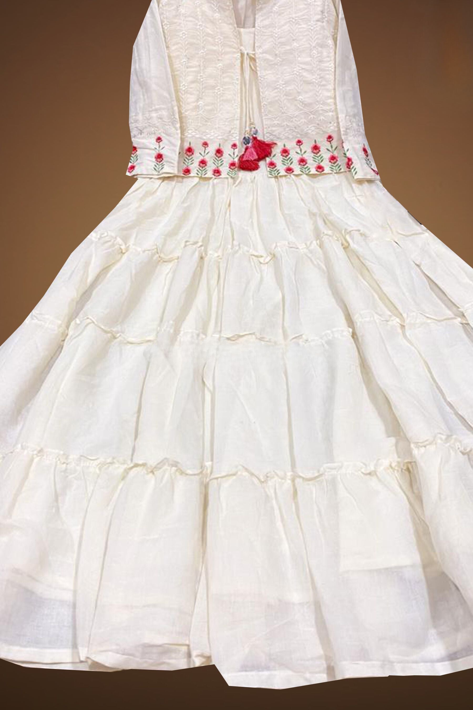 Tire Pattern Gown With Beautiful Embroided Jacket KURTI JCS Fashions White Medium (38)