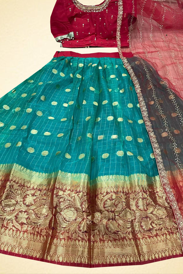 Organza And Raw silk Combination Fully Stitched Crop Top Lehenga Set