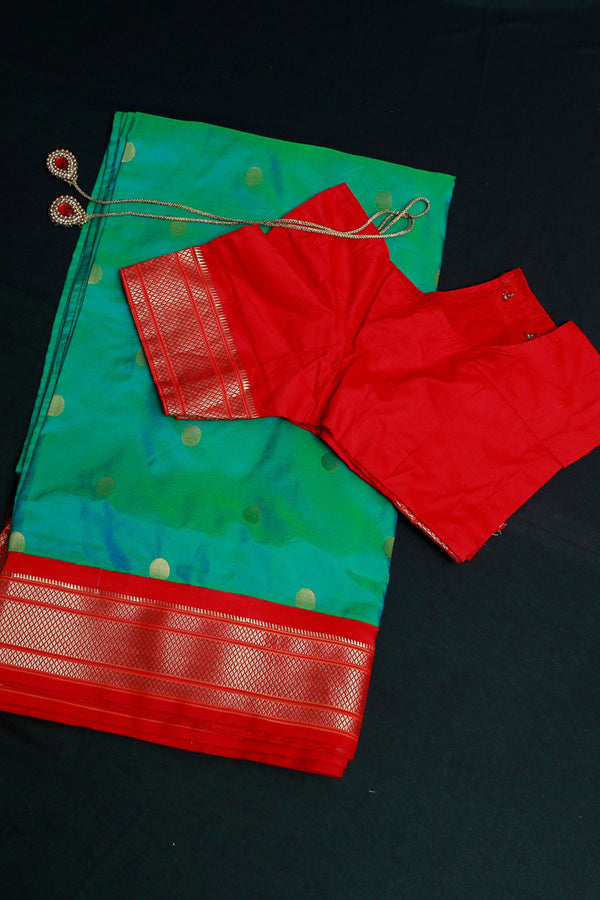 Yeola Paithani Silk Saree, Green with Red, Fully stitched blouse