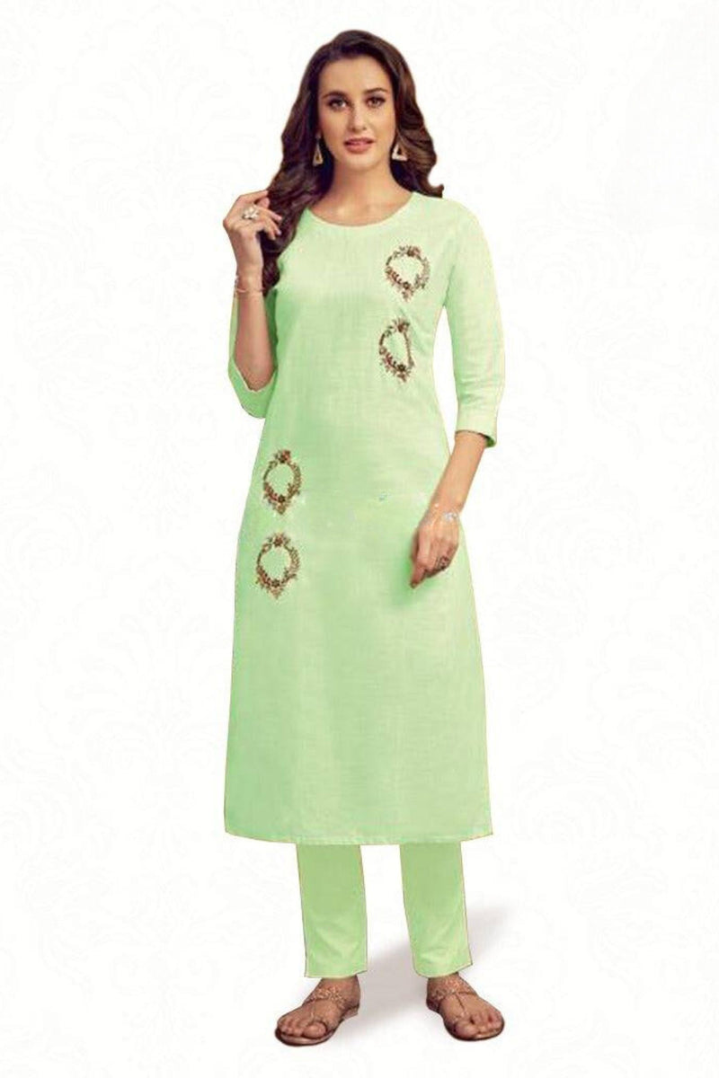 Cotton Kurti With unique hand embroidery in Green