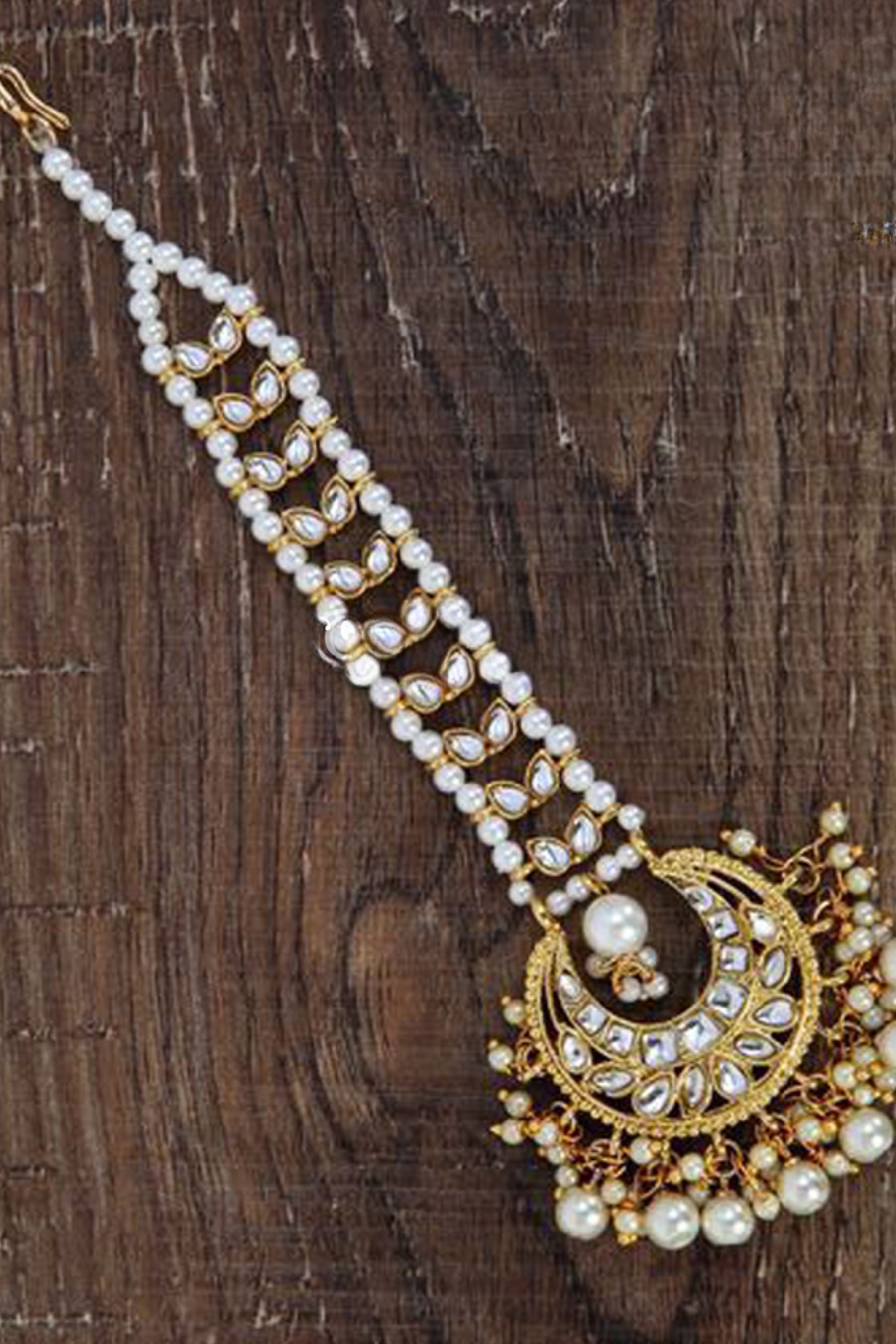 Beautiful Indian Style Pearl Chaand Tika For Women Jewelry JCS Fashions White
