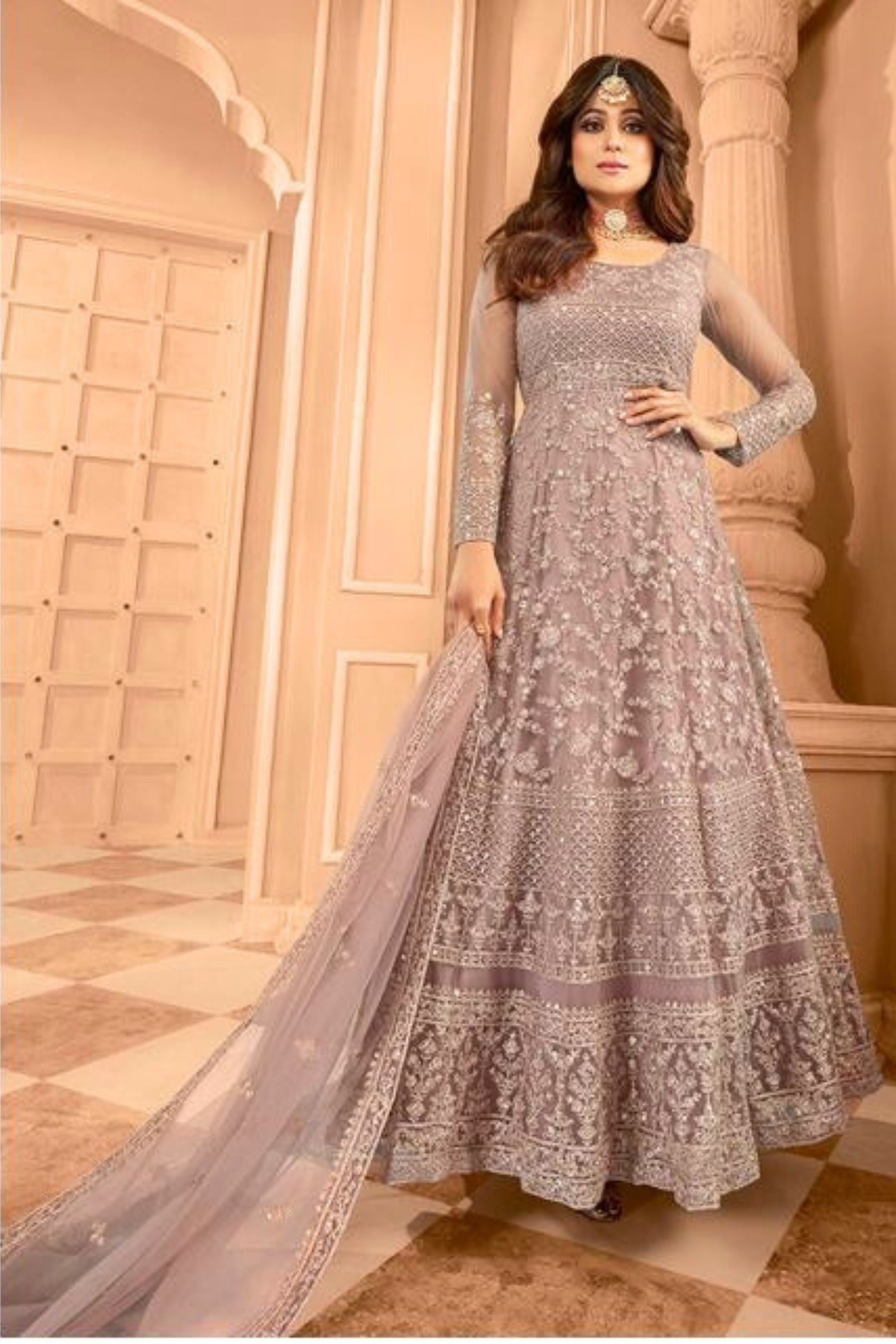 Heavy Embroidery and Sequins work Floor Length Kurti in Mauve KURTI JCS Fashions Mauve Small (36)