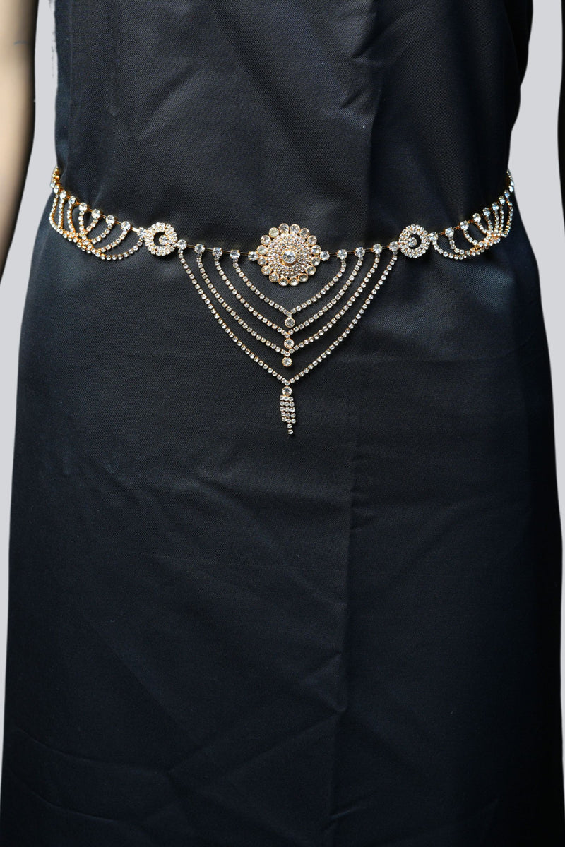 Multi-Layer Sparkling Hip Chain - Durable Gold with Gleaming White Stones