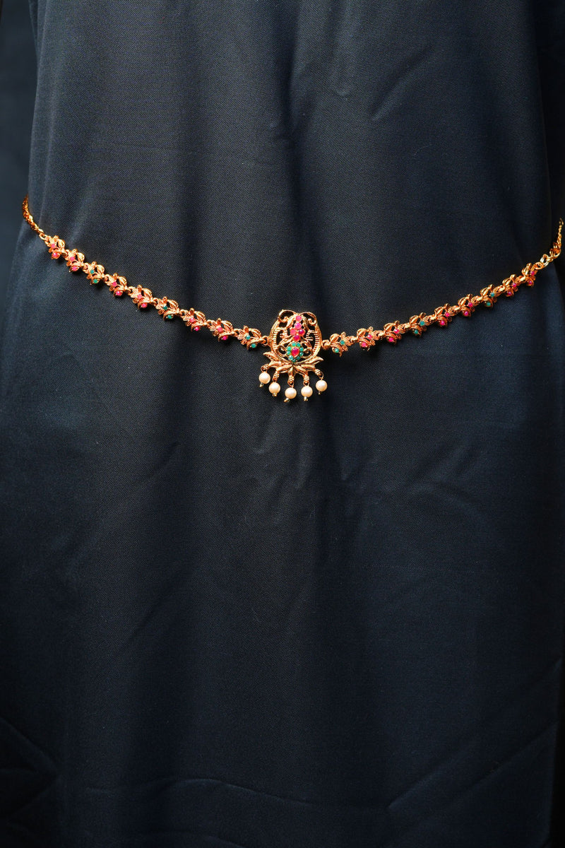 Radiant Elegance: Antique Gold & Pink Stone Hip Chain with Dangling Beads