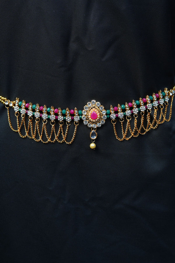 Gold Hip Belt with White Stone, Green and Pink Beads | JCSFashions