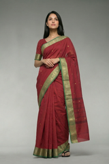 Red Poly Cotton Butta Saree with Green-Gold Thread - AI Model Photo 1