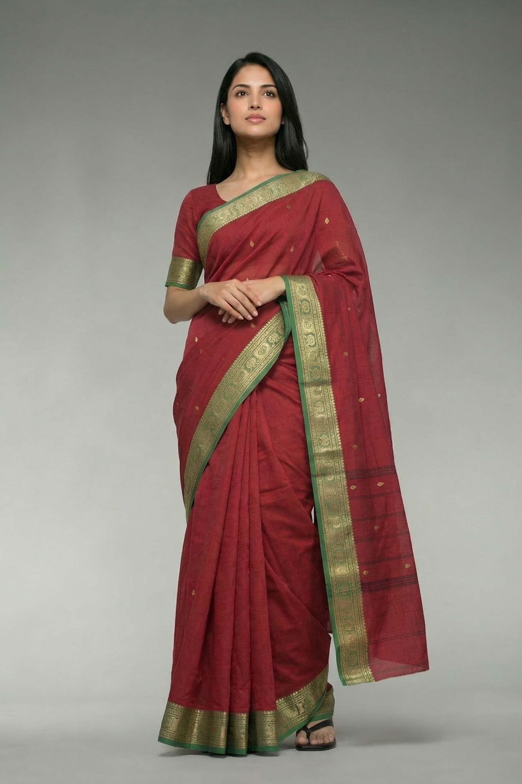 Red Poly Cotton Butta Saree with Green-Gold Thread - AI Model Photo 1