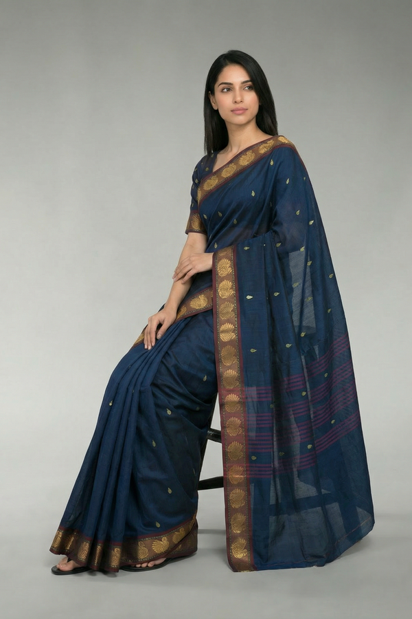 Navy Blue Poly Cotton Butta Saree with Gold-Coloured - AI Model Photo 1