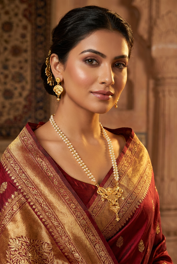 Traditional Gold-Tone Pearl Necklace Set with Floral Pendant and Matching Drop Earrings