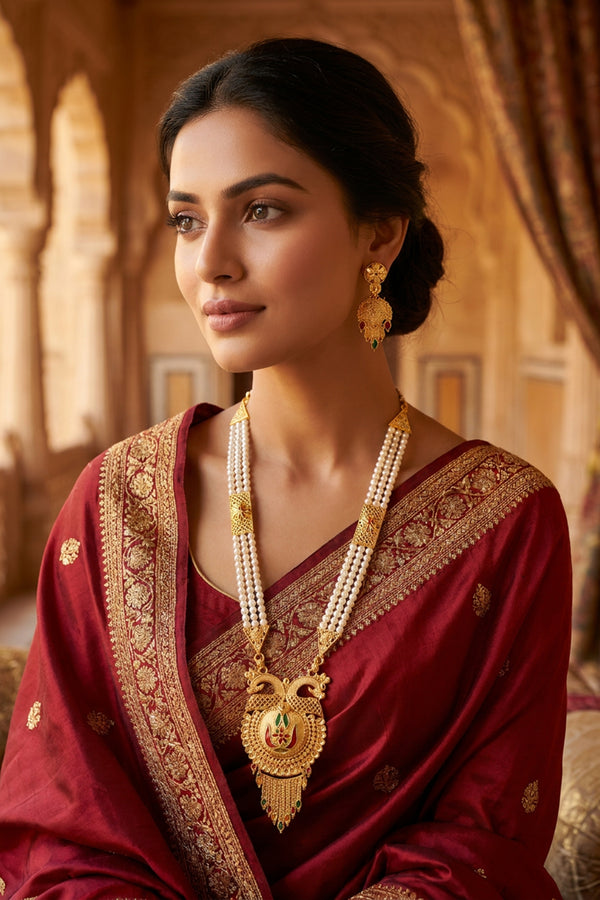 Traditional Gold-Tone Pearl Necklace Set with Floral Pendant & Dangler Earrings