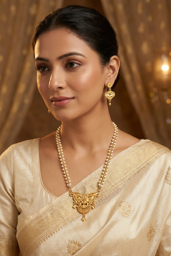 Traditional Gold-Tone Pearl Necklace Set with Floral Pendant & Drop Earrings