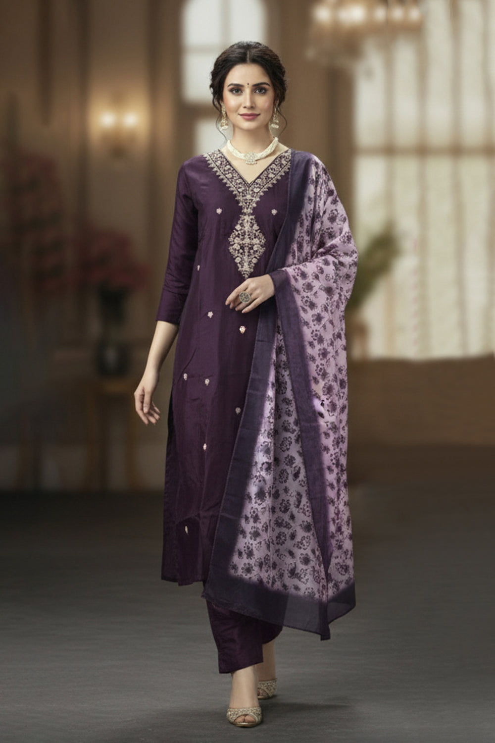 Maroon Roman Silk Wine Embroidered 3-Piece Kurta Set - Kurti by JCS Fashions