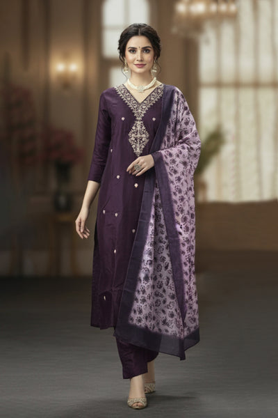 Roman Silk Wine Embroidered 3-Piece Kurta Set with Printed Digital Dupatta and Sequin Zari Handwork