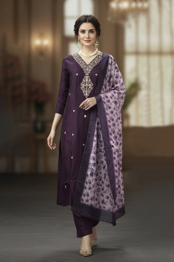 Maroon Roman Silk Wine Embroidered 3-Piece Kurta Set - Kurti by JCS Fashions
