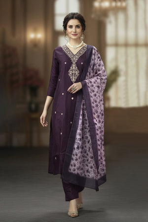 Wine Salwar Kameez – Roman Silk Embroidered 3-Piece
