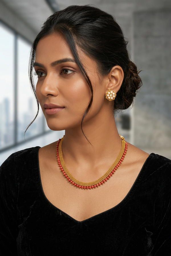Gold-Tone Maroon Bead Necklace Set with Matching Stud Earrings, Lightweight Traditional Indian Fashion Jewellery