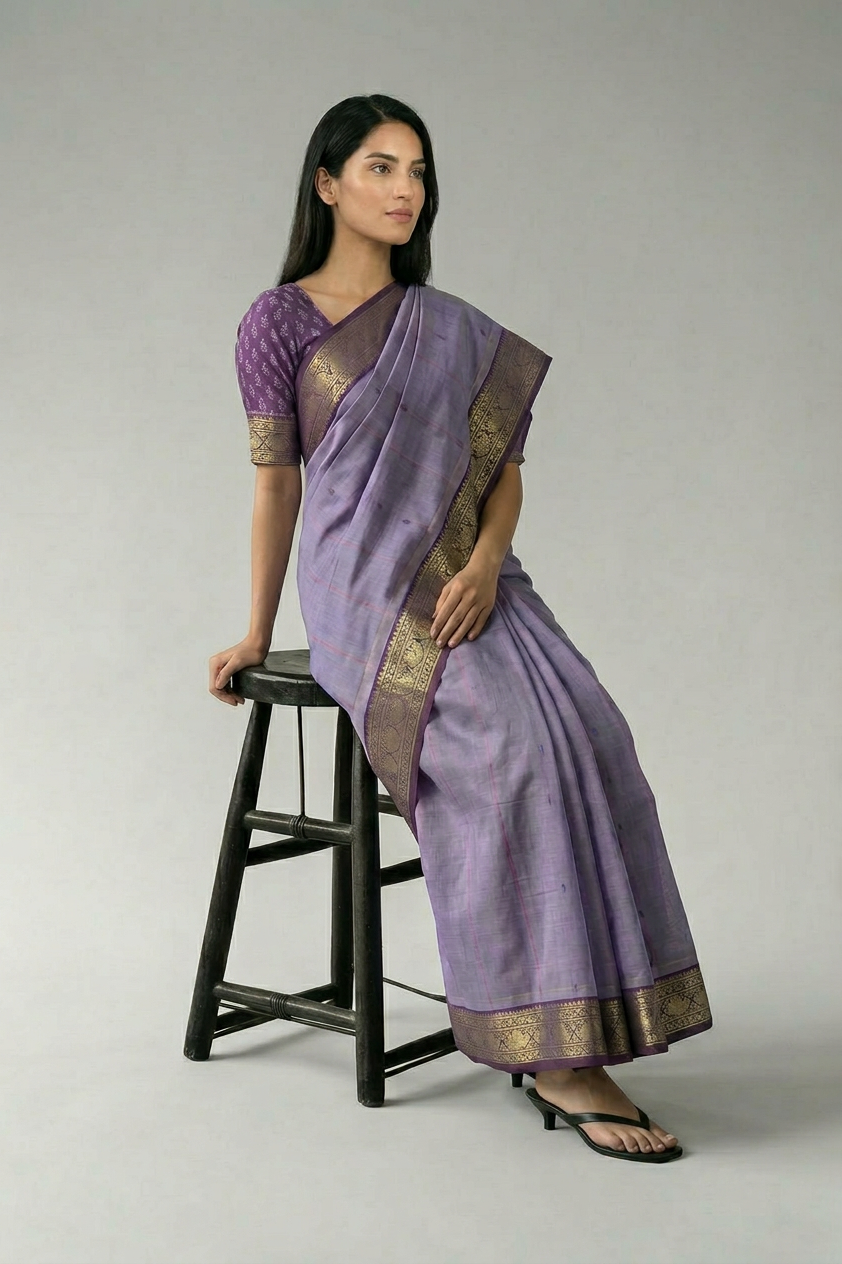 Lavender Poly Cotton Butta Saree with Gold-Thread - AI Model Photo 1