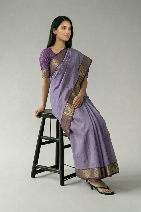 Lavender Poly Cotton Butta Saree with Gold-Thread - AI Model Photo 1