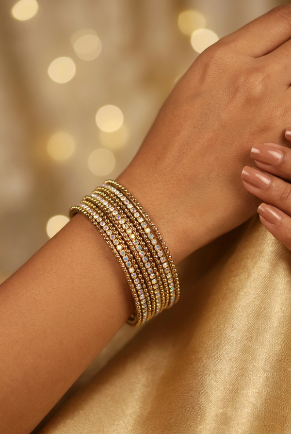 Gold-Tone Crystal Bangles with Multicolour Stones for Festive Wear, Wedding Jewellery