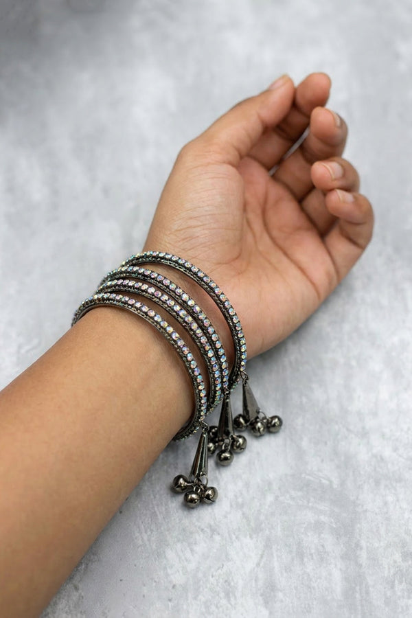 Oxidized Silver-Tone Crystal Bangles for Festive Occasions