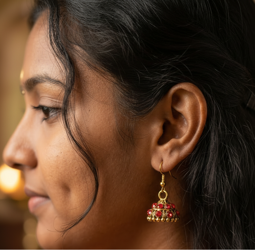 Red Gold-Tone Stone Studded Dome Jhumka Earrings
