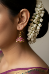Red Gold-Tone Stone Studded Dome Jhumka Earrings