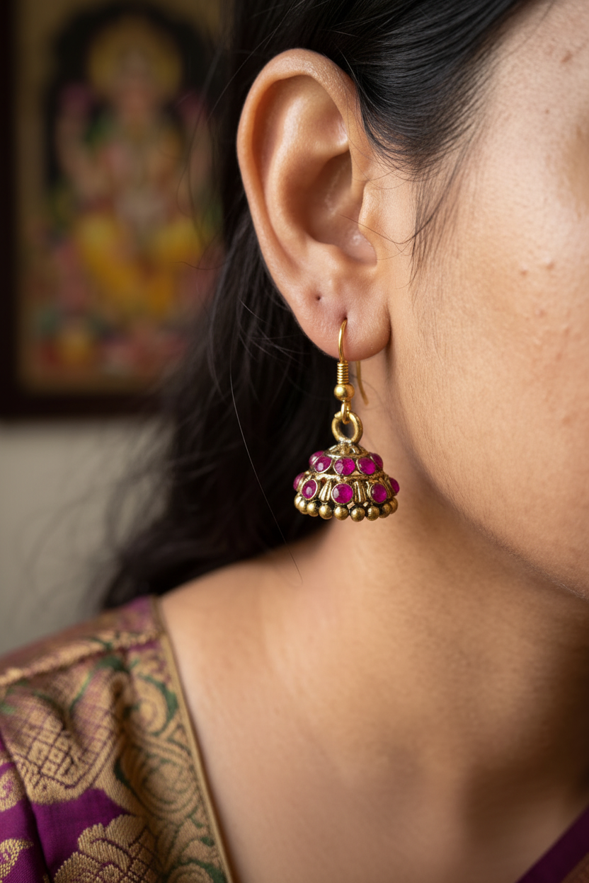 Red Gold-Tone Stone Studded Dome Jhumka Earrings