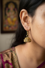 Red Gold-Tone Stone Studded Dome Jhumka Earrings