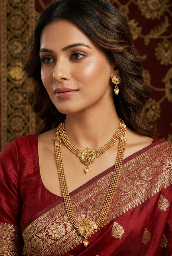Gold-Tone Peacock Pendant Long & Short Necklace Set with Matching Earrings for Traditional Indian Wear