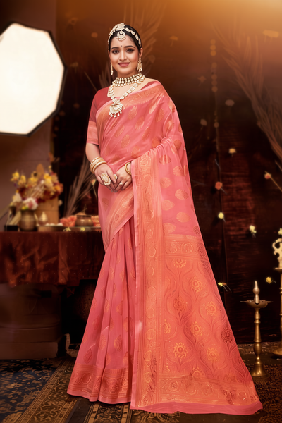 Peach Cotton Shimmer Saree with Stone Work and Designer Grand Pallu